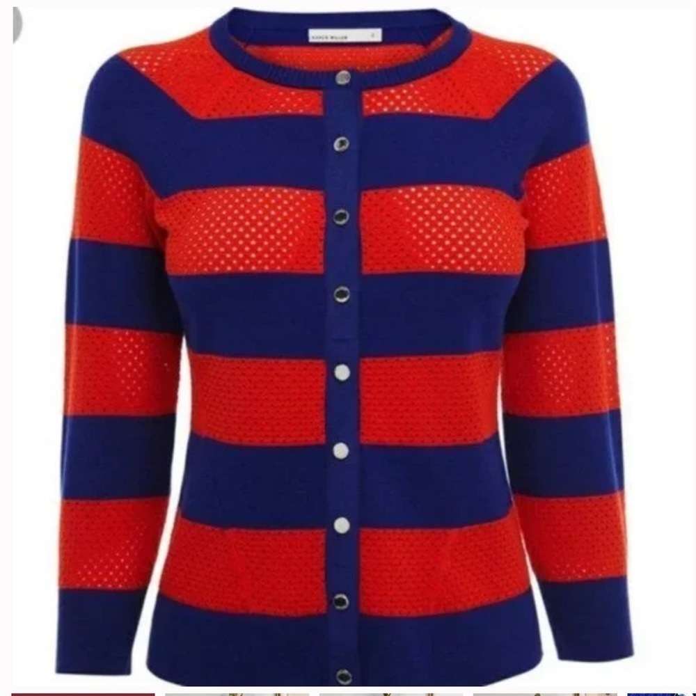 Karen Millen Mesh Striped Perforated
Cardigan Sweater